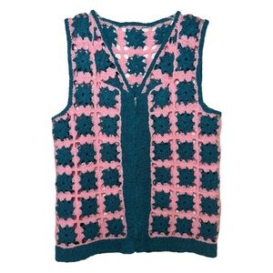 Vintage Handmade Crochet Granny Square Vest Size Med Lg Pink Teal